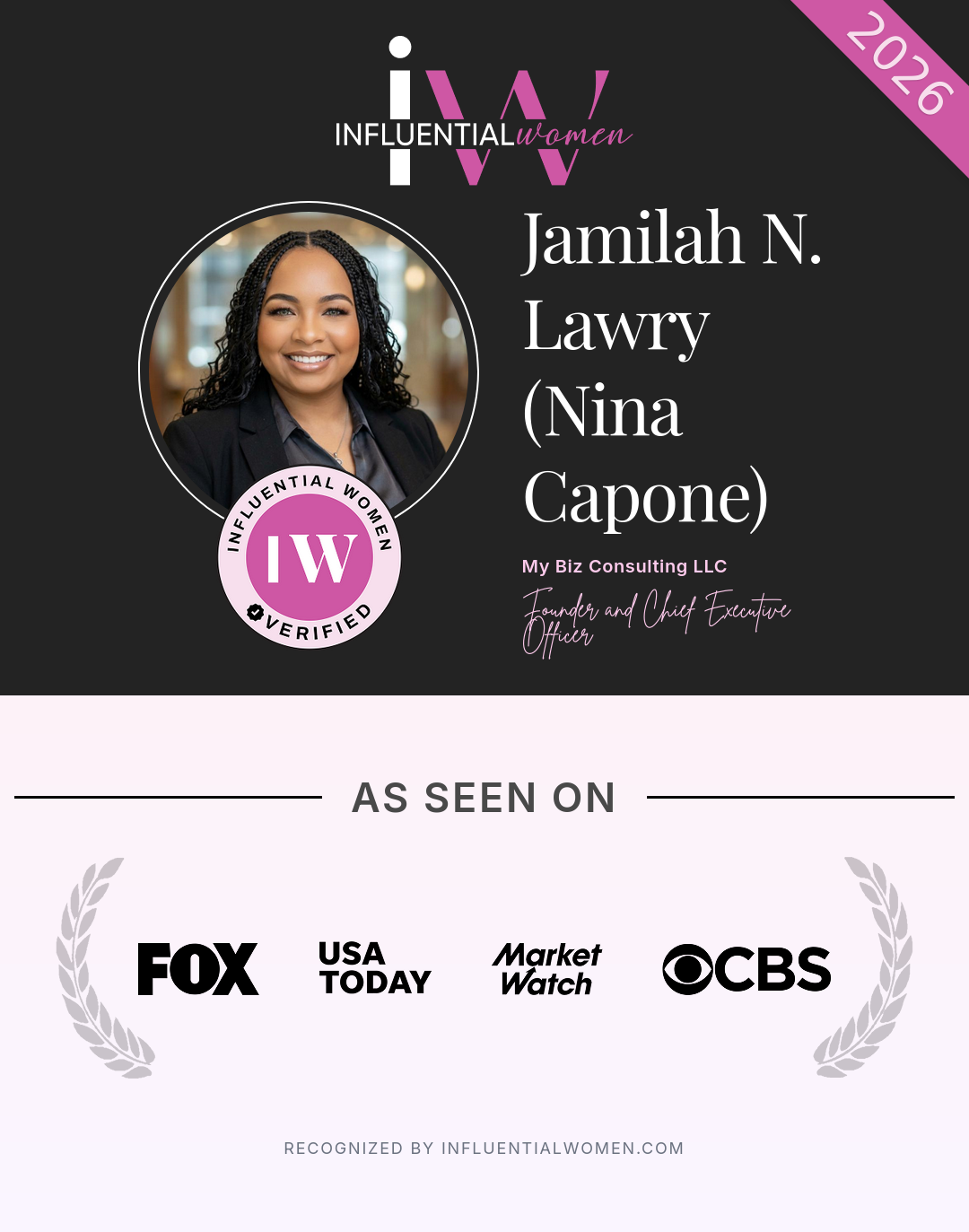 Influential Women Verified — Jamilah N. Lawry (Nina Capone), As Seen On FOX, USA Today, MarketWatch, CBS